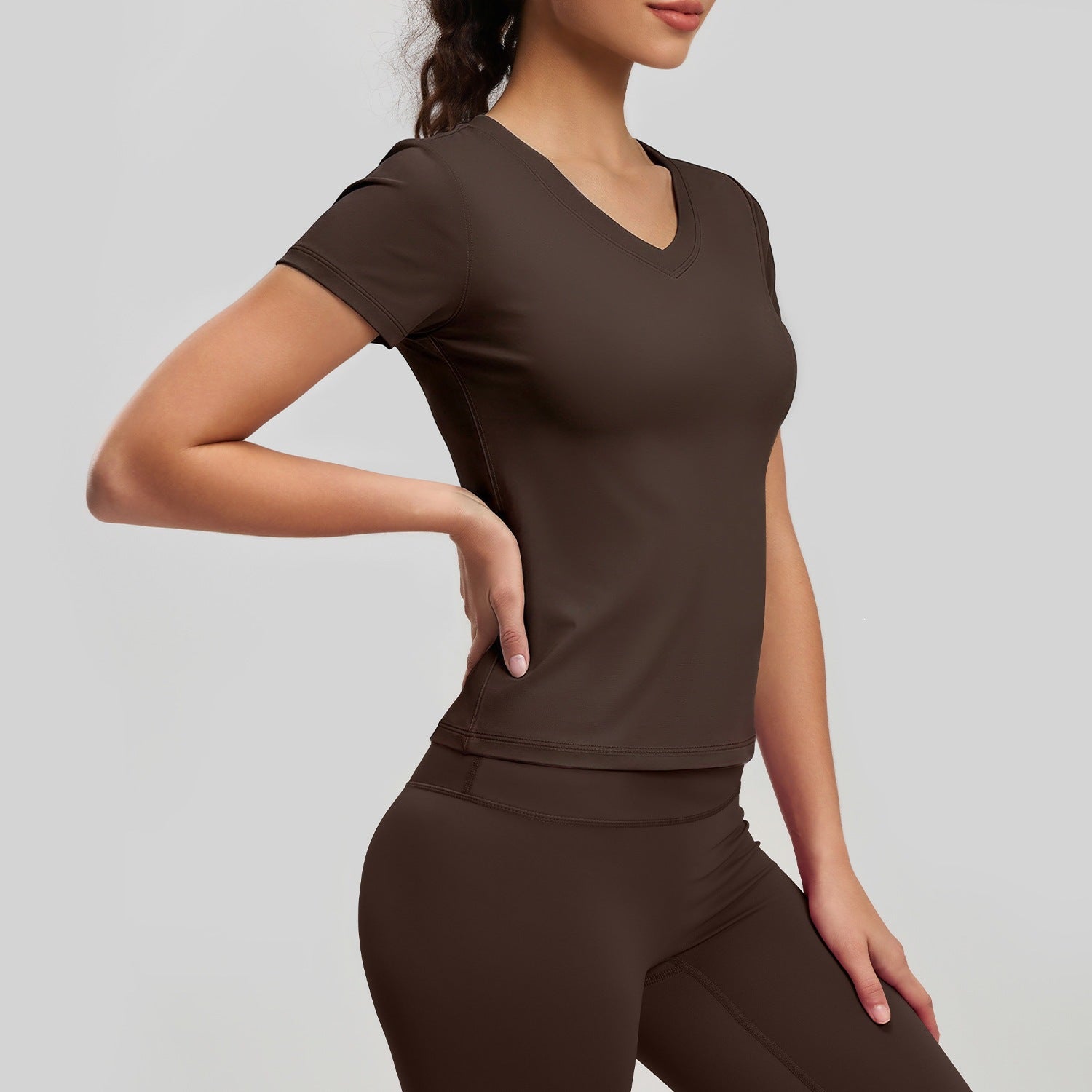 Peach Basic V-neck Short Sleeve Sports Top