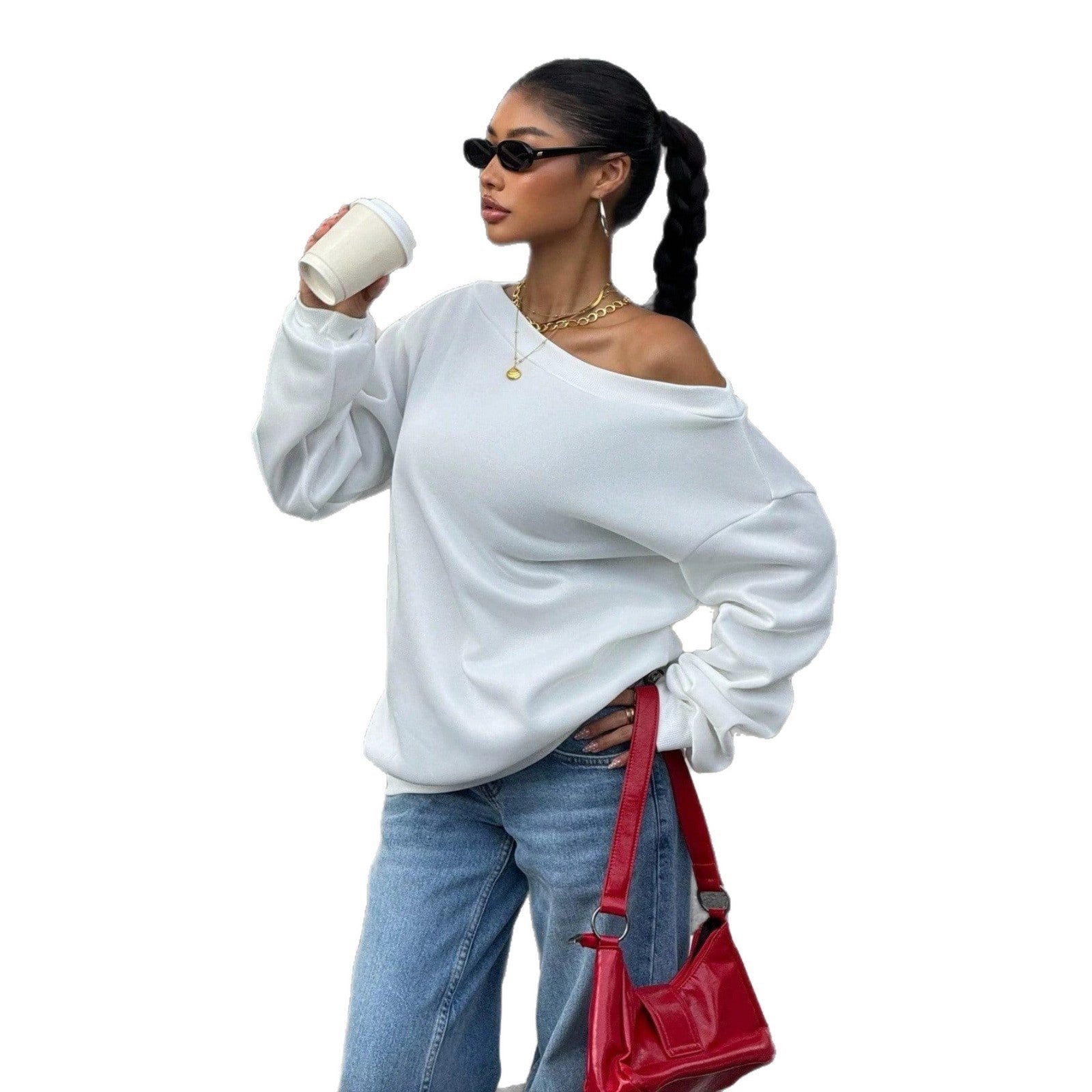 New Fallwinter Solid-color Loose-fit Off-shoulder Pullover
