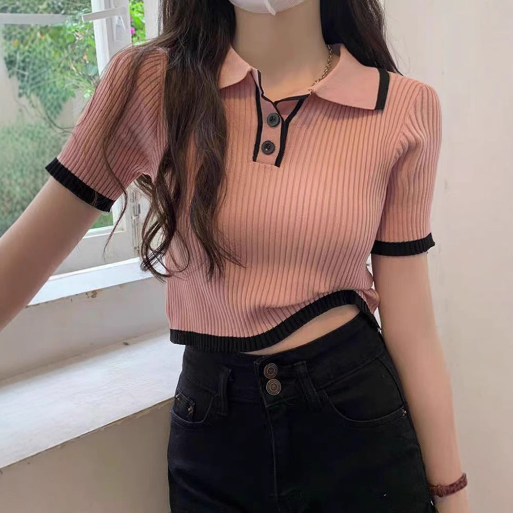 Color-block Polo-neck Short-sleeve Lightweight Knit Top