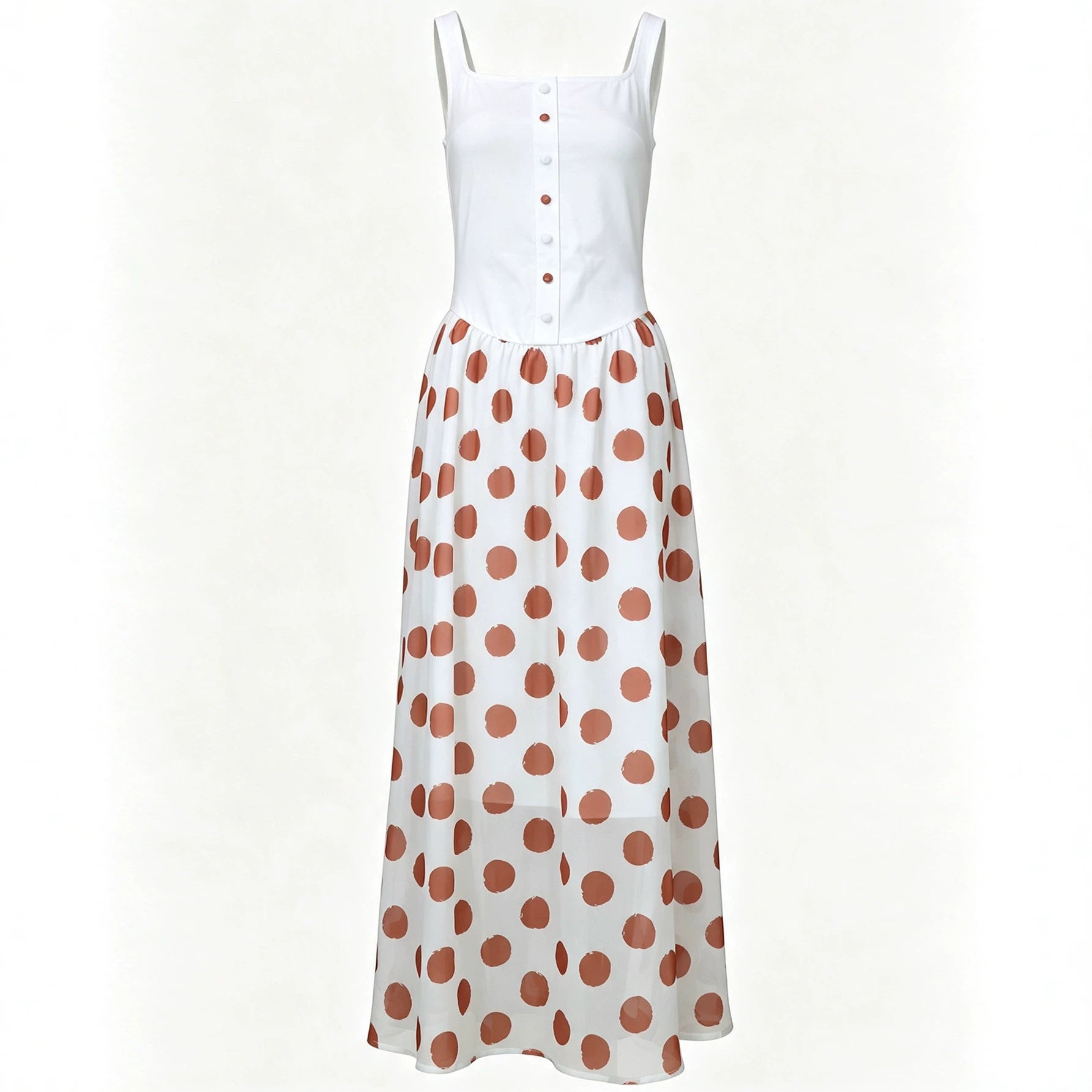 Waist-cinching Strap Dress With Patchwork Polka Dots