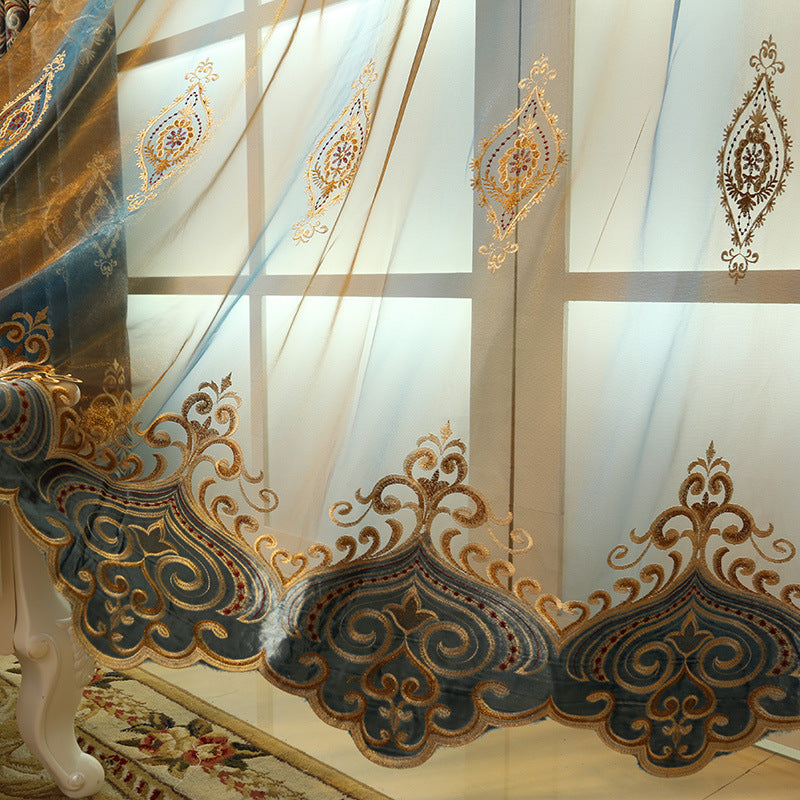 Blue Chenille Embroidered Curtains for Living Room Bedroom
