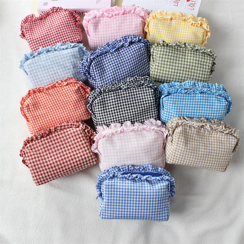 Pleated Plaid Lace Large Capacity Pencil Case For
