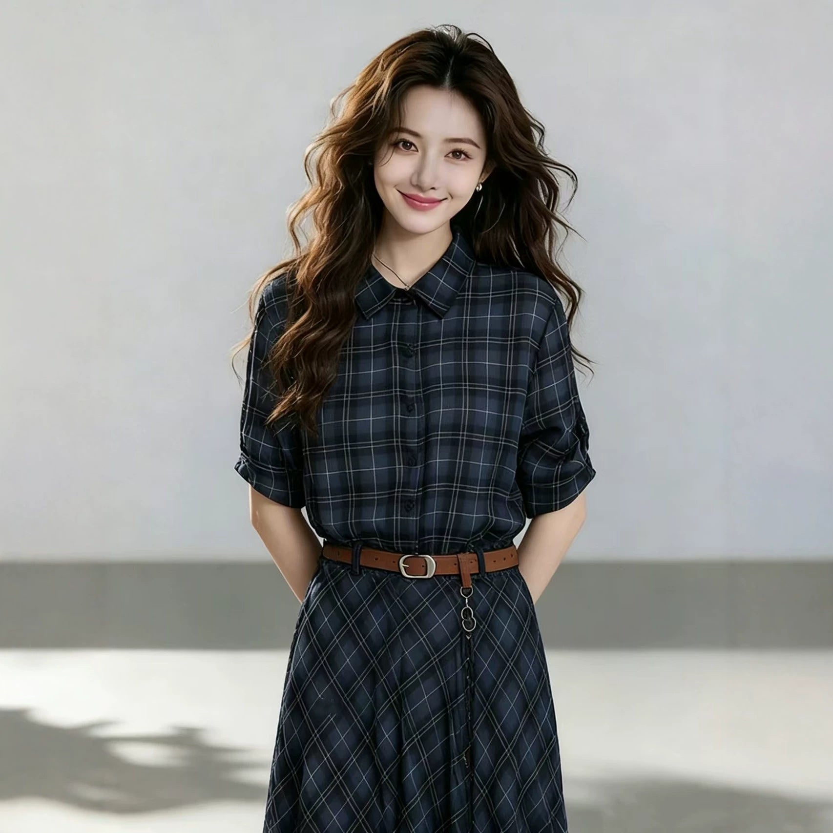 Women's Elegant Blue Plaid Shirt Dress