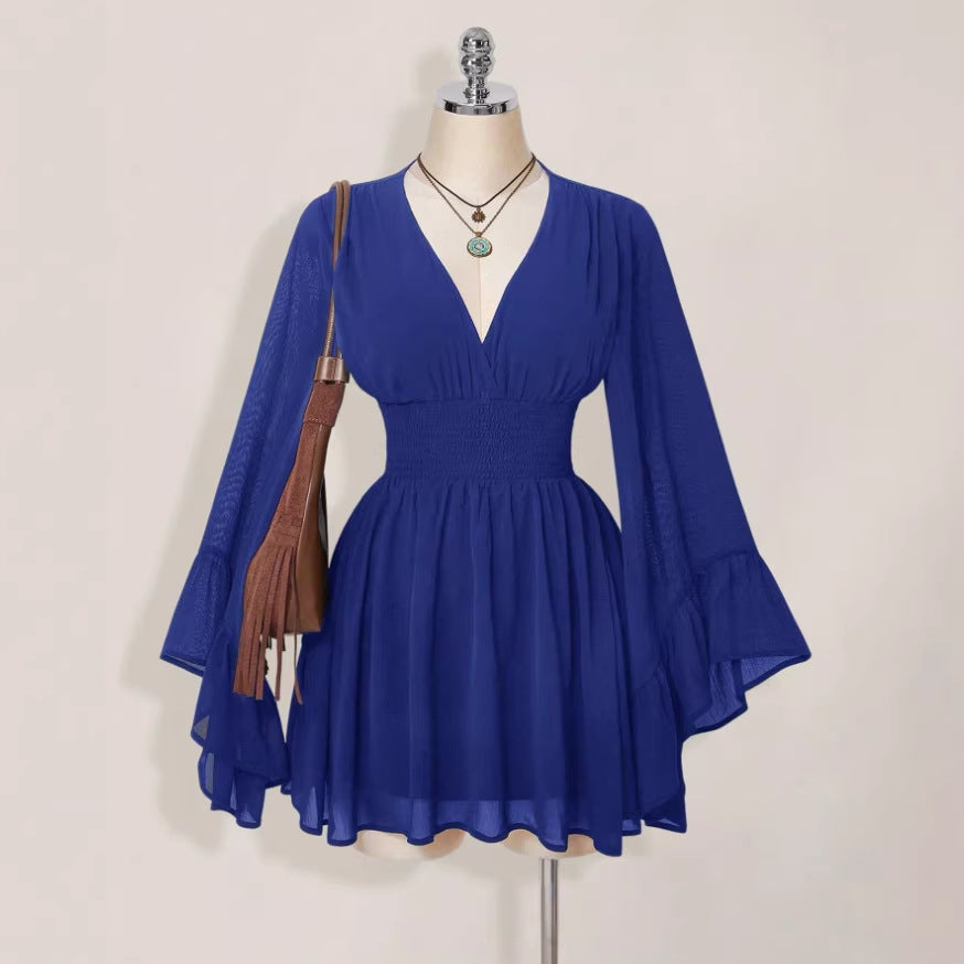 Womens Solid-Color Fashionable V-Neck Waist-Cinching Dress