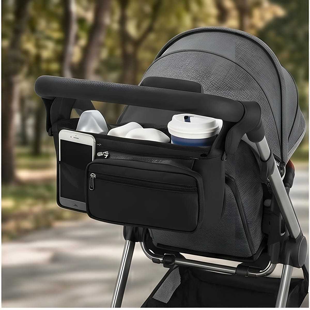 Zwart kinderwagen organizer practical opbergzak benodigdheden
