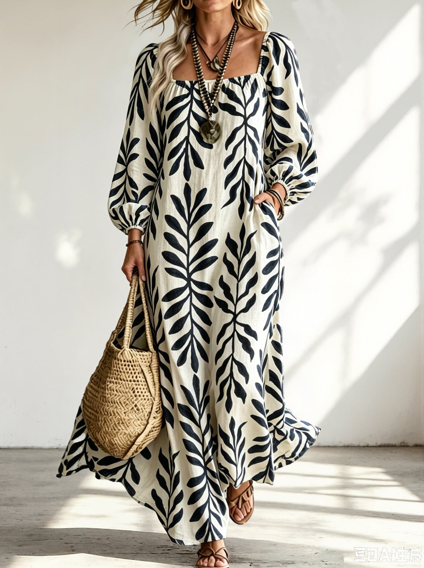 Printed Long-Sleeve U-Neck Pocket Dress For Women
