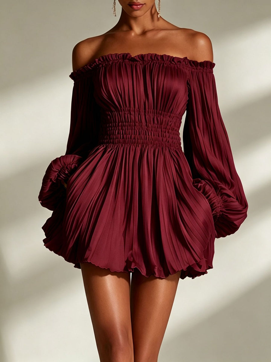 Womens Off-shoulder Pleated Waist-cinching Long-sleeve Dress