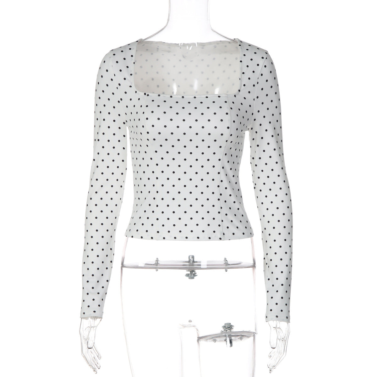 Polka-dot Square-neckline Waist-defined Long-sleeve Top For Women
