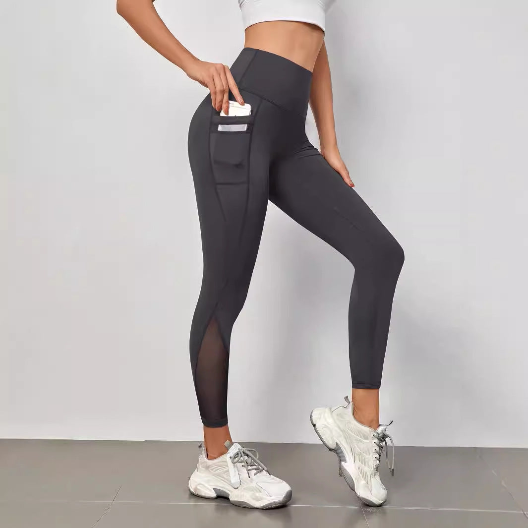 High Waist Grenadine Stitching Yoga Pants Pocket Quick-drying Breathable Hip Lifting Sport