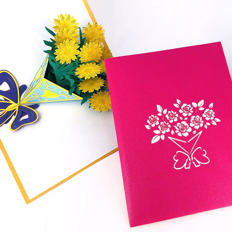 Rose Bouquet Paper Carving Birthday Blessing Small Card
