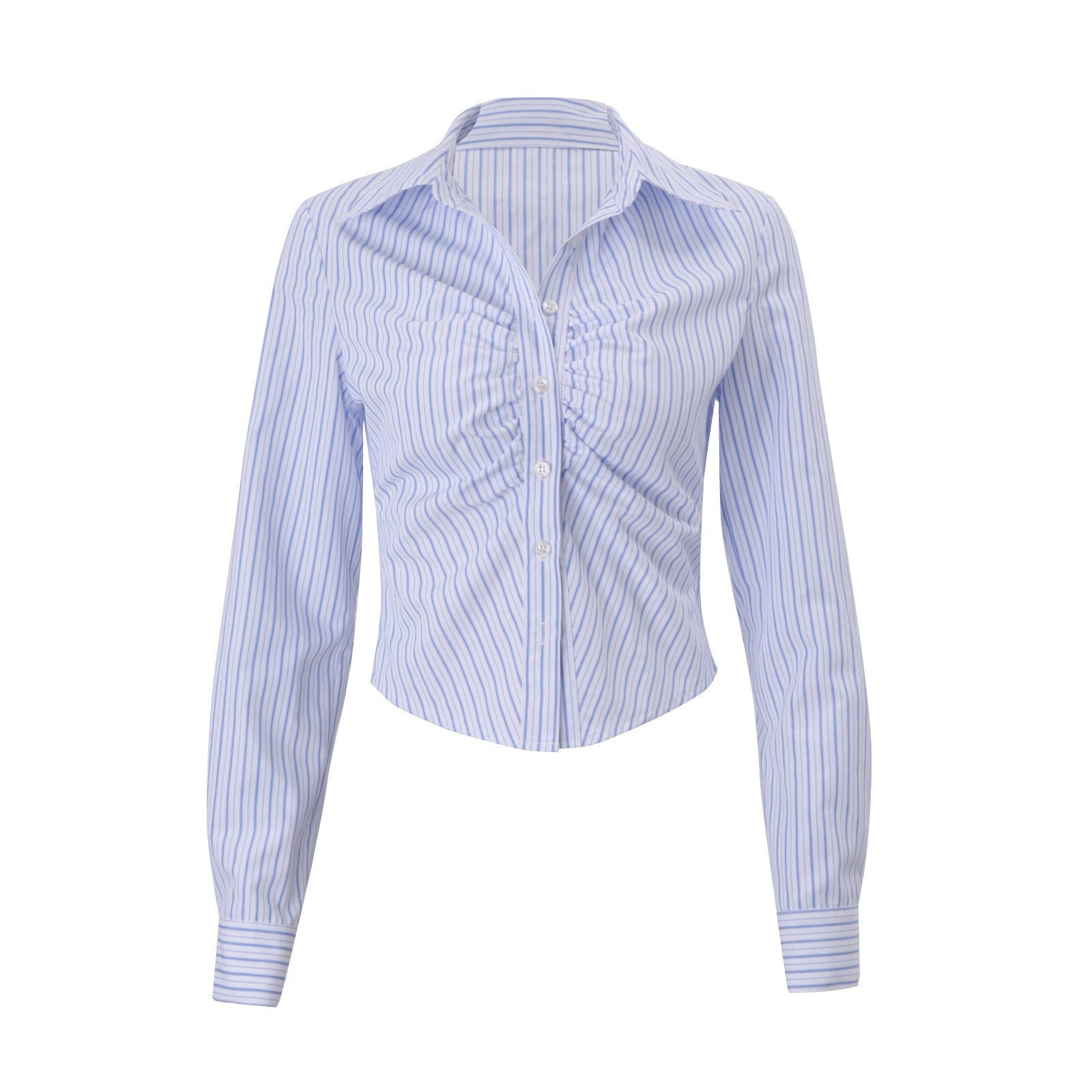 Womens Elegant Polo-collar Buttoned Cardigan Striped Long-sleeve Blouse Top