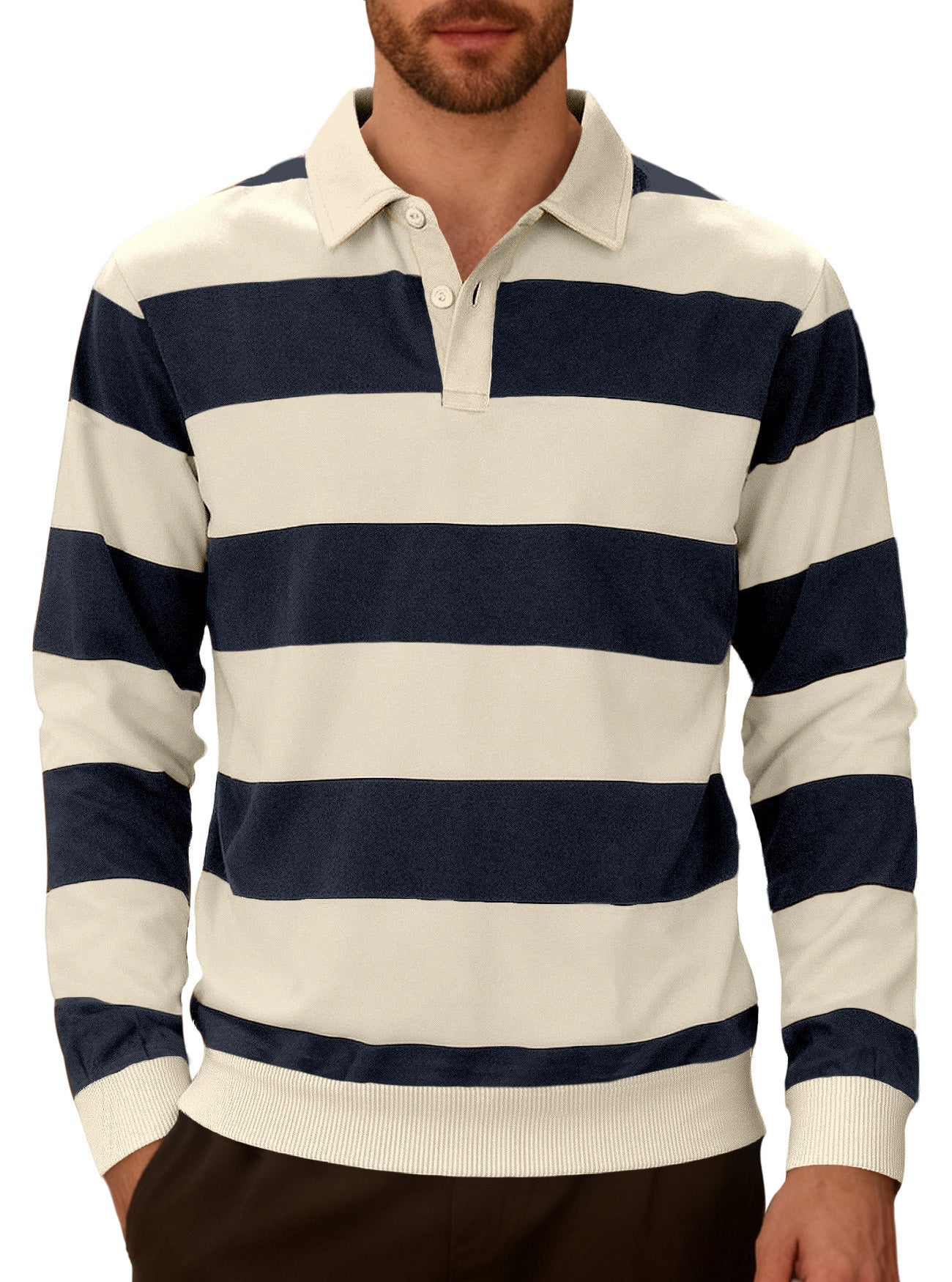 Men's Striped Color-blocked Button Long-sleeve Knit Shirt