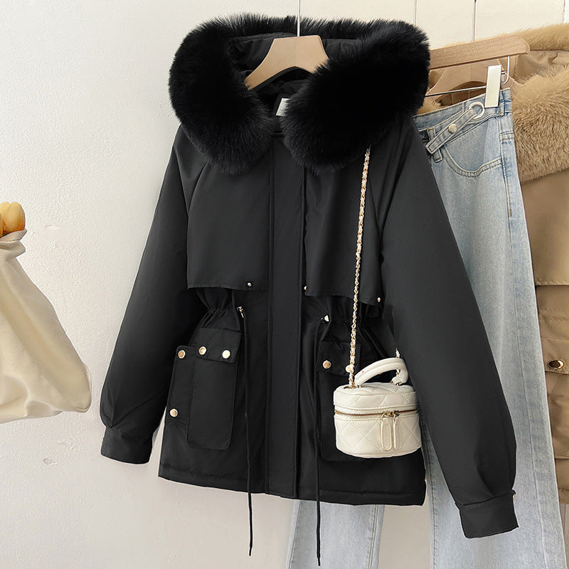 Womens Solid-Colored Loose Cotton Padded Coat With A Large Furry Collar