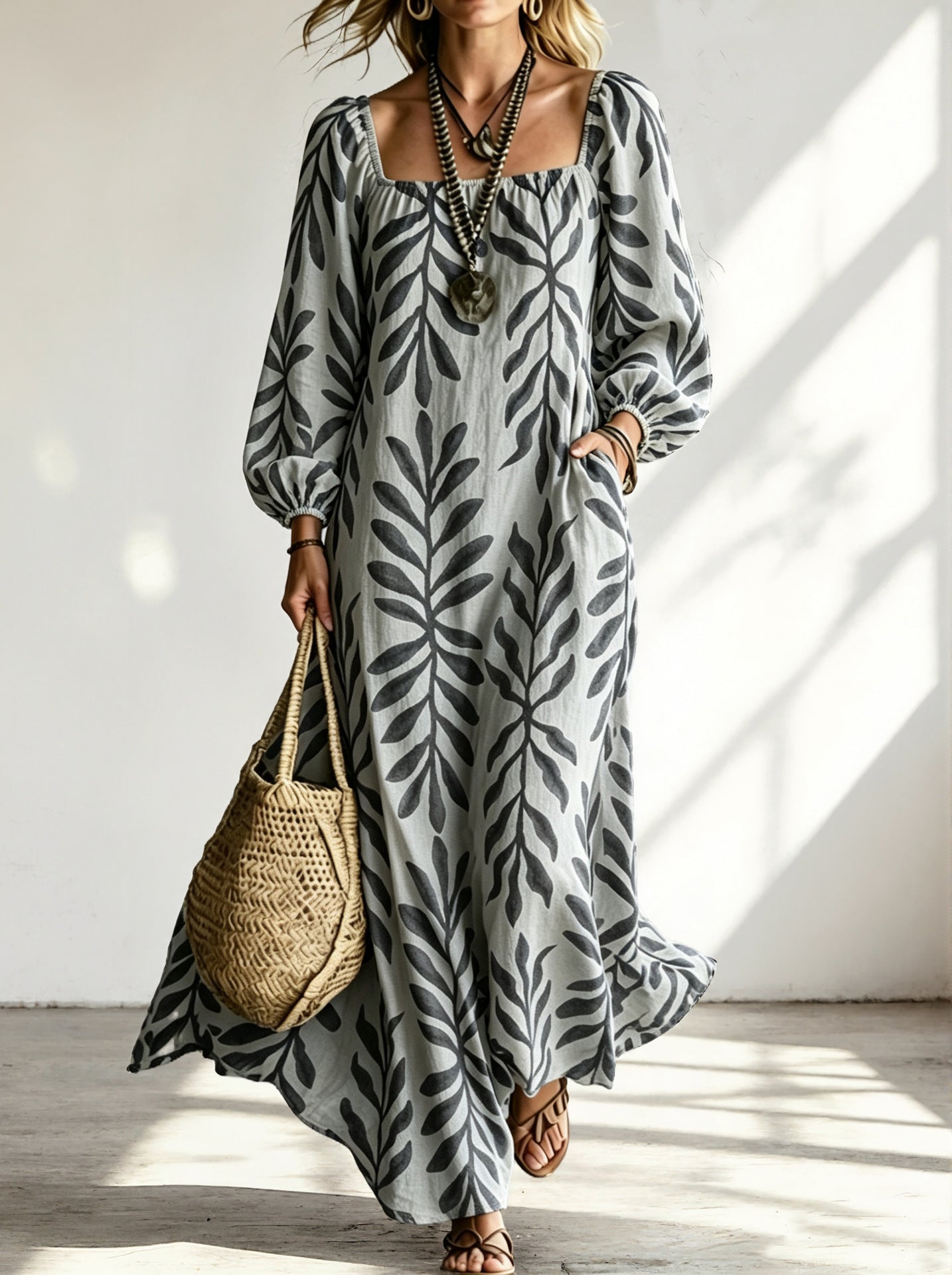 Printed Long-Sleeve U-Neck Pocket Dress For Women
