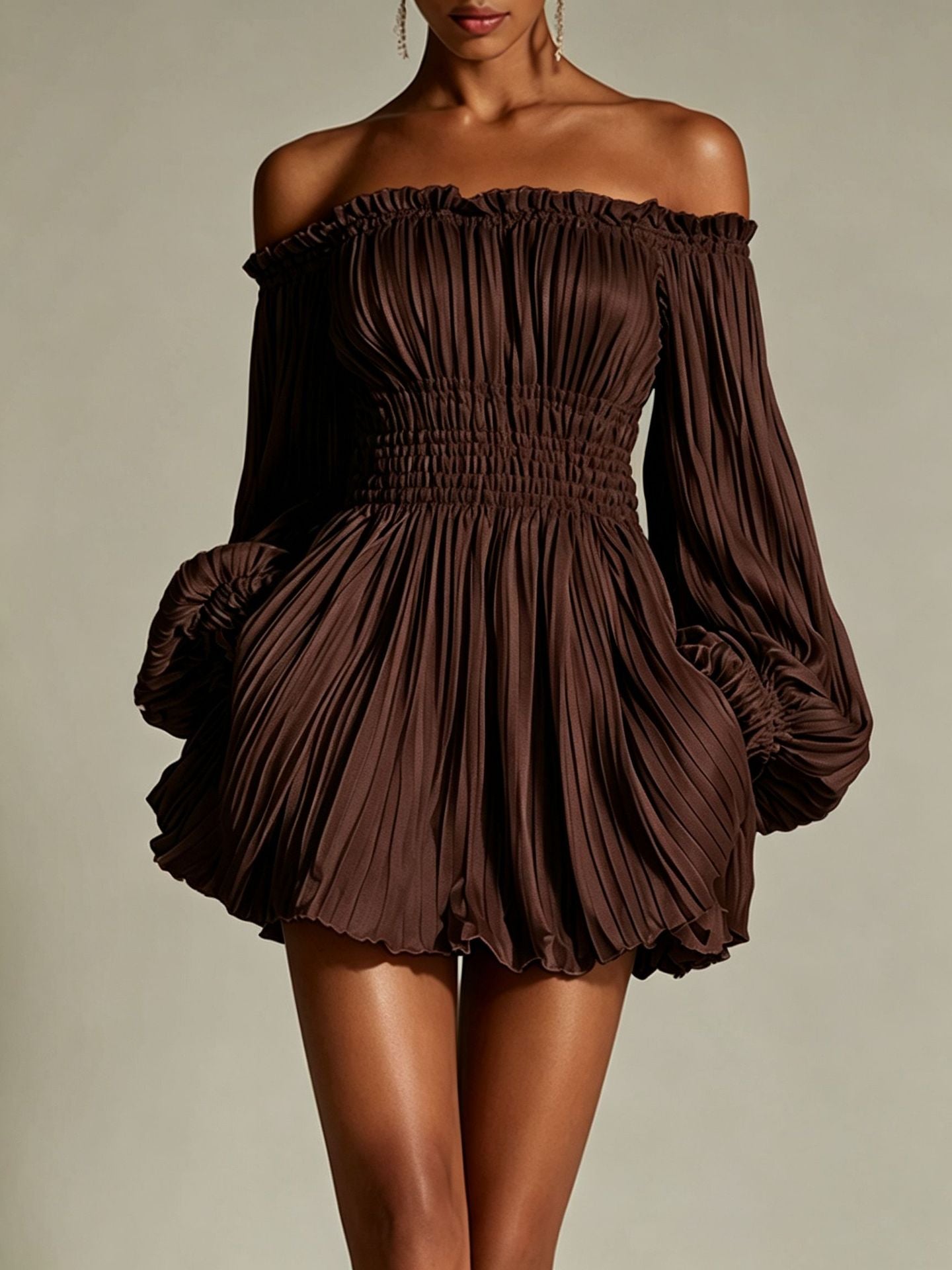 Womens Off-shoulder Pleated Waist-cinching Long-sleeve Dress