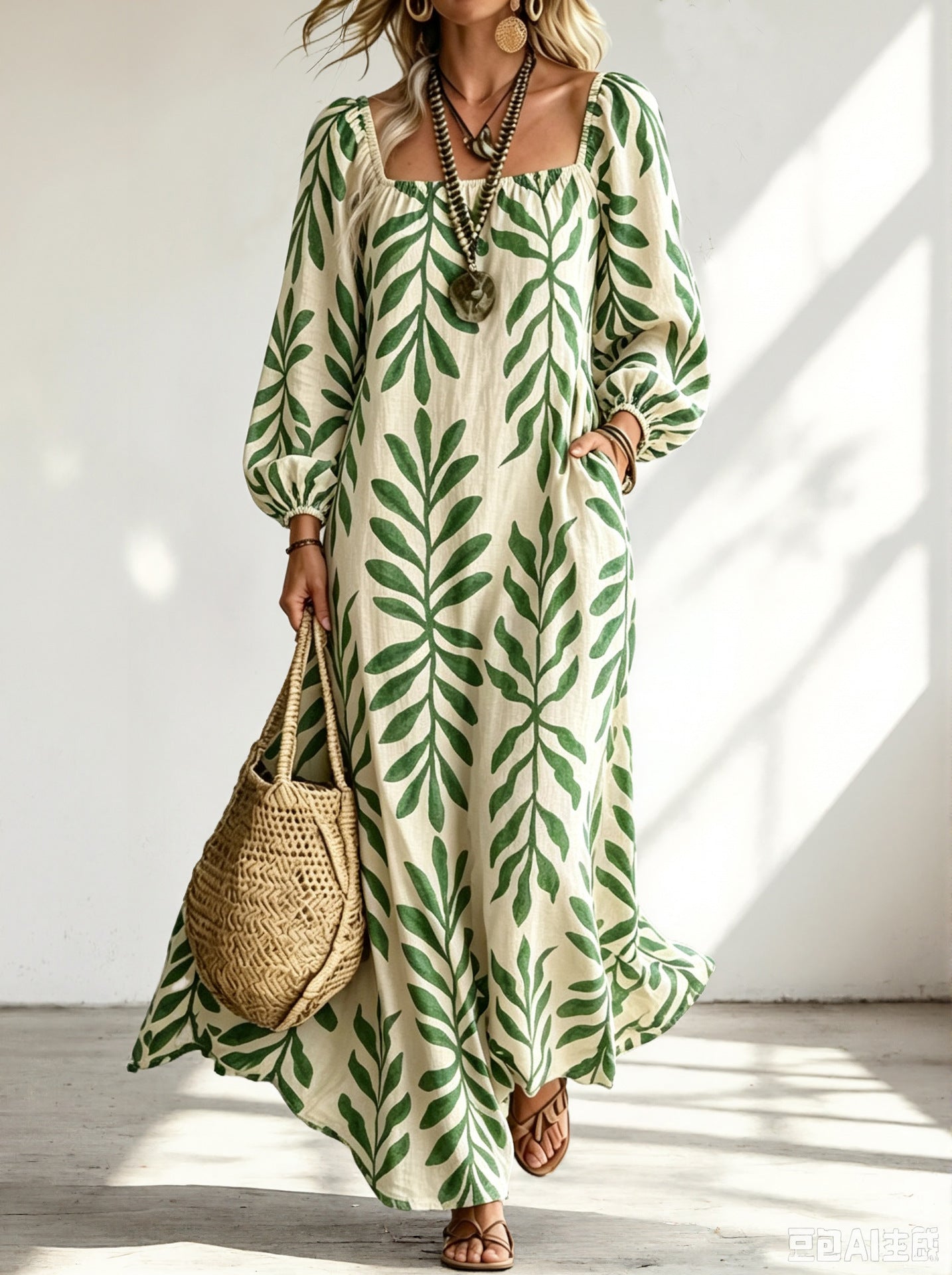 Printed Long-Sleeve U-Neck Pocket Dress For Women