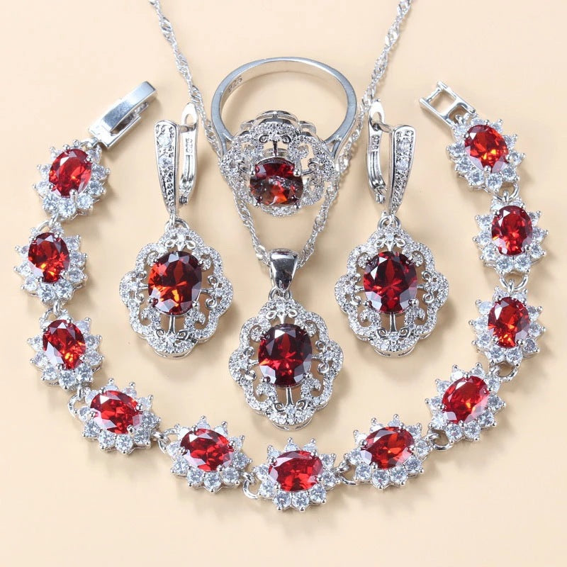 Garnet Cubic Zirconia Earrings Pendant Necklace Bracelet Ring