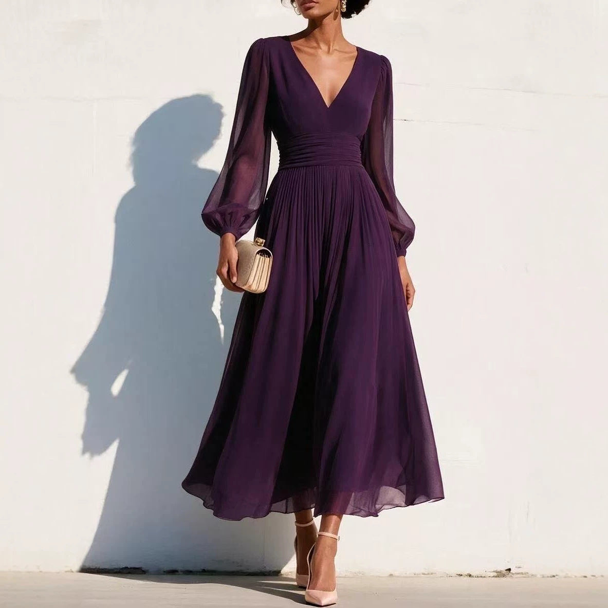 Fitted-waist Figure-flattering Pleated Dress