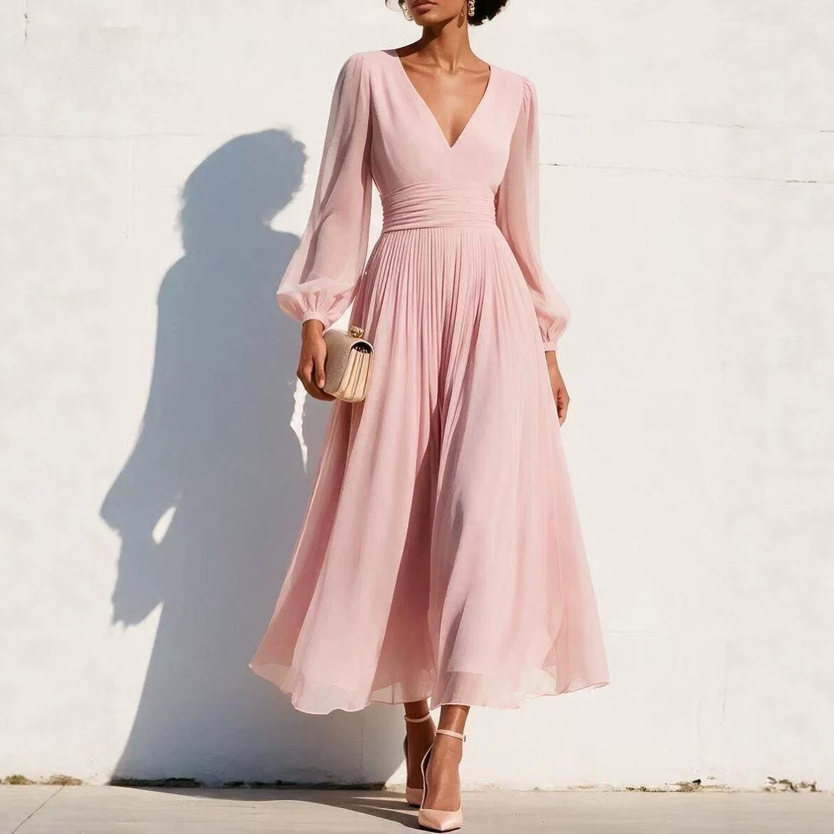 Fitted-waist Figure-flattering Pleated Dress