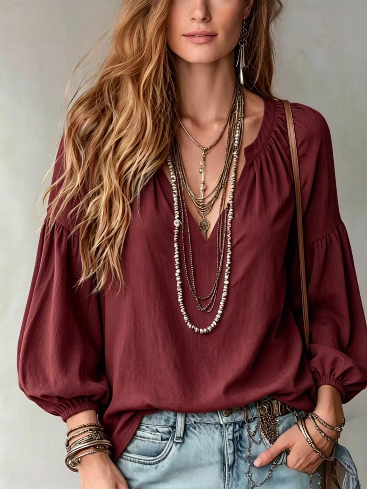 Womens Solid-Color Loose-Fitting Long-Sleeve V-Neck Shirt