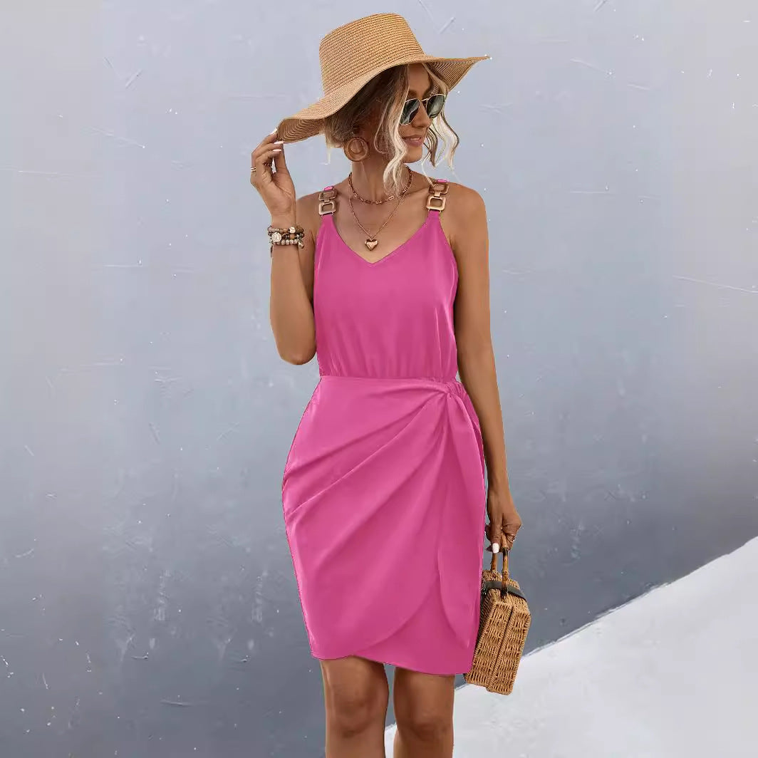 Womens Casual Wrap Dress With Metal Buckle