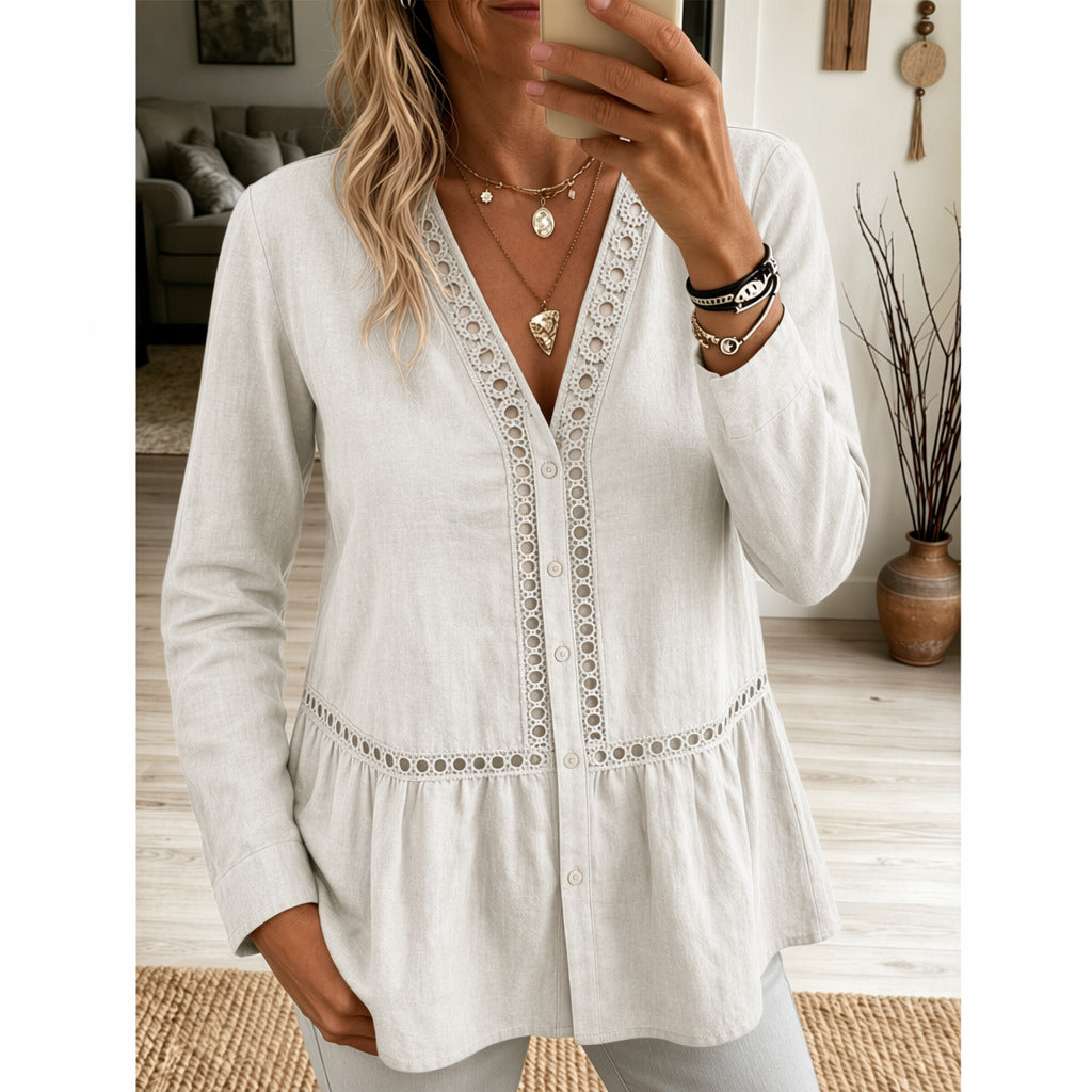Womens Casual Solid-Color Lace-Patchwork Long-Sleeve Shirt