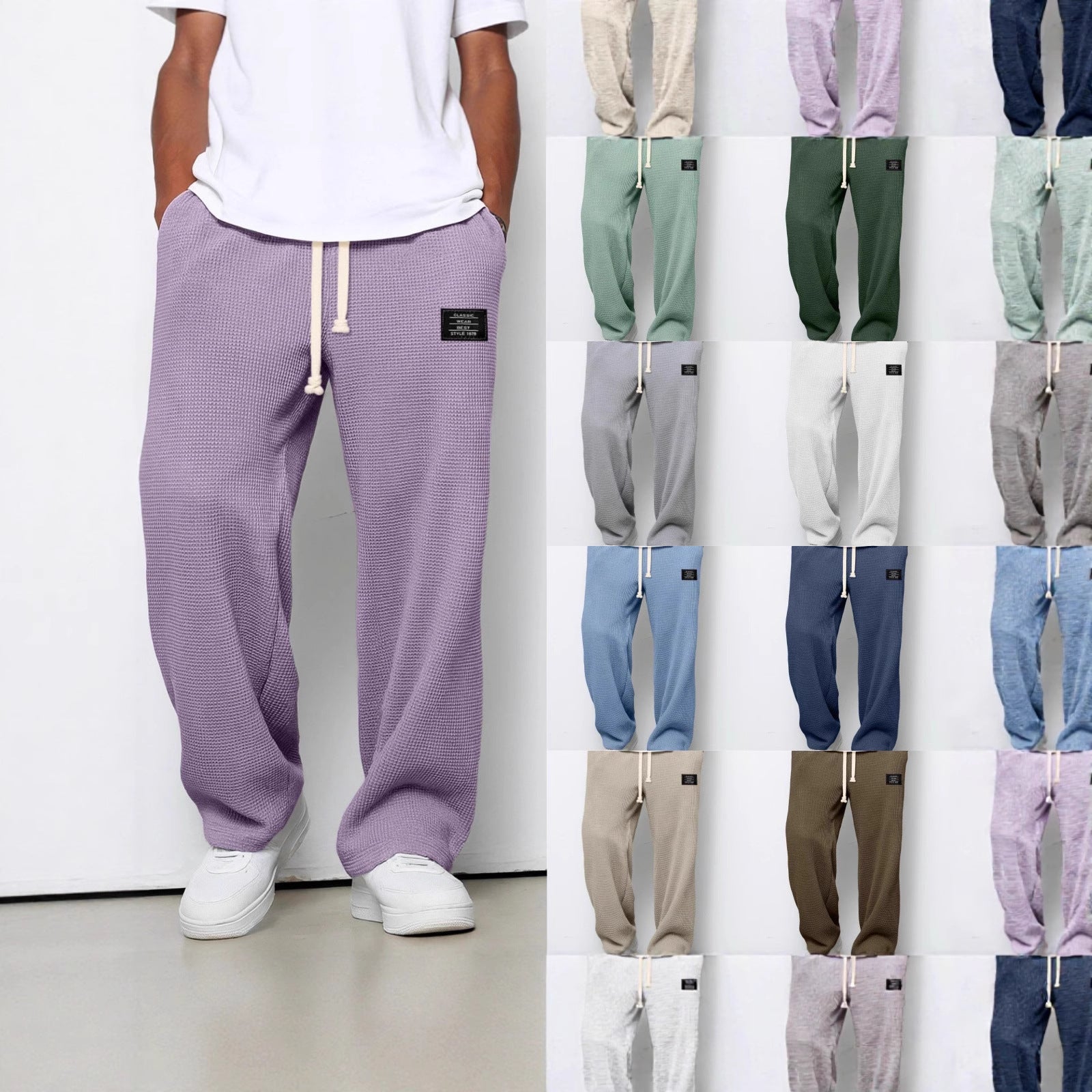 Waffle Straight Pants Fashion Brand Loose Loose Drawstring Pockets Trousers Casual Men's Clothing