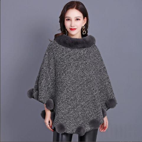 Women's Brown Mid-length Furry Ball Shawl Cape with Outerwear