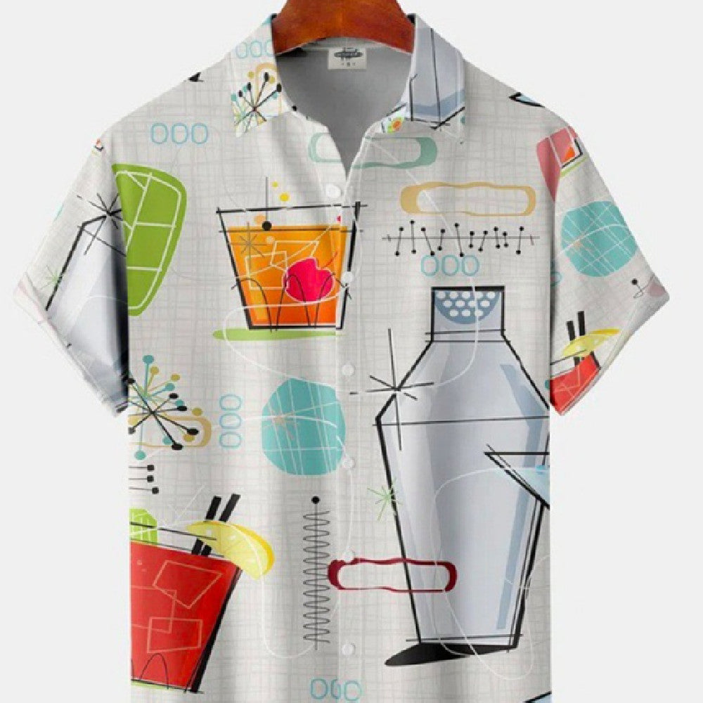 Mixed Color Stripe 3D Digital Printing Loose Short Sleeve Shirt Men's Top