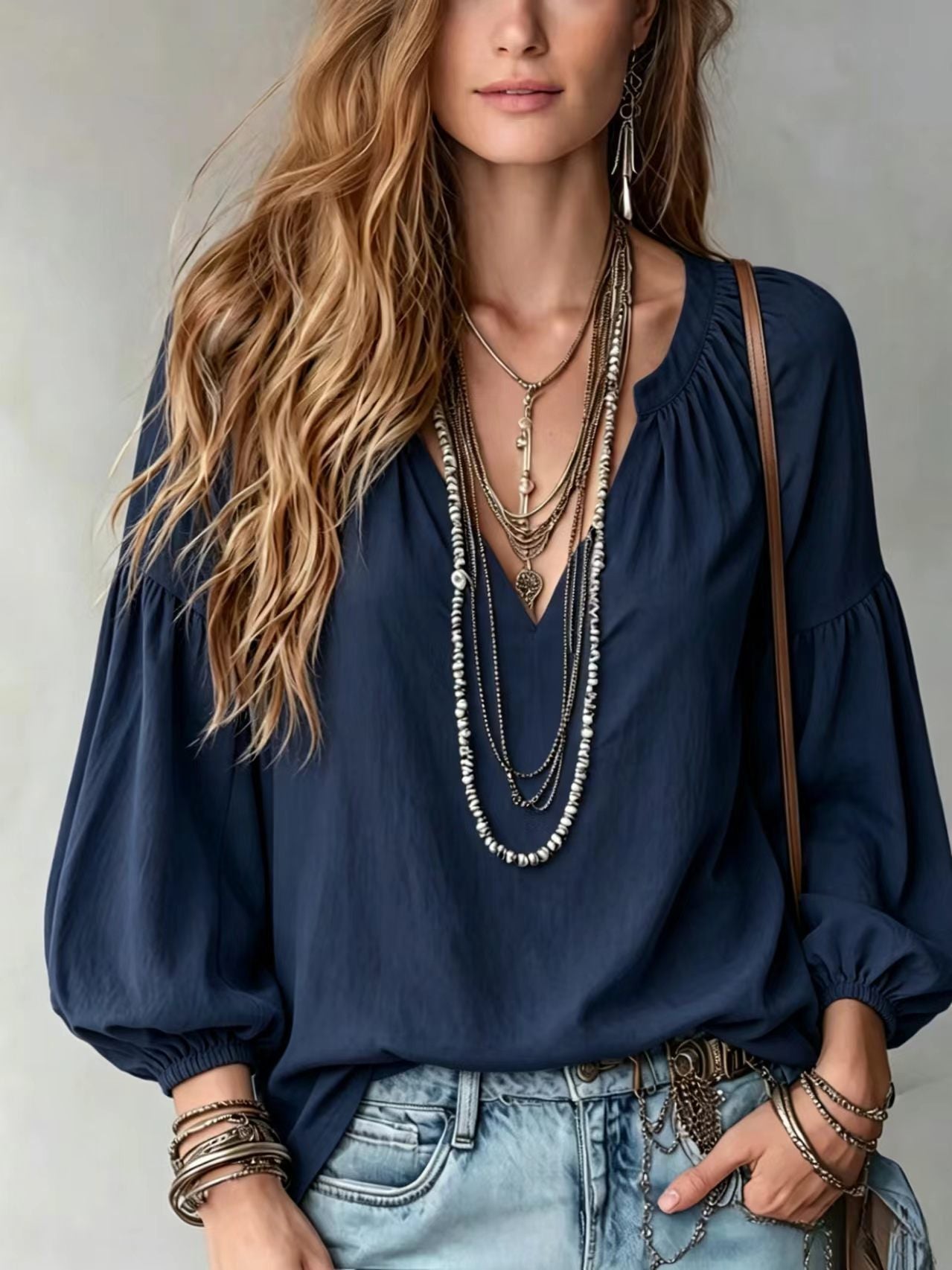 Womens Solid-Color Loose-Fitting Long-Sleeve V-Neck Shirt