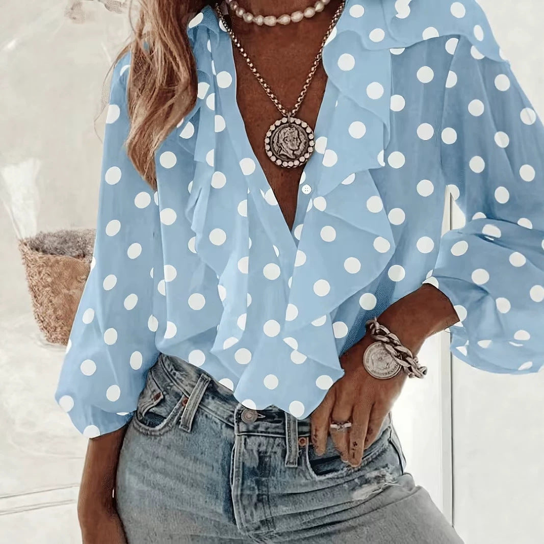 Womens Apricot V-Neck Long-Sleeve Polka-Dot Print Ruffle-Trim Shirt
