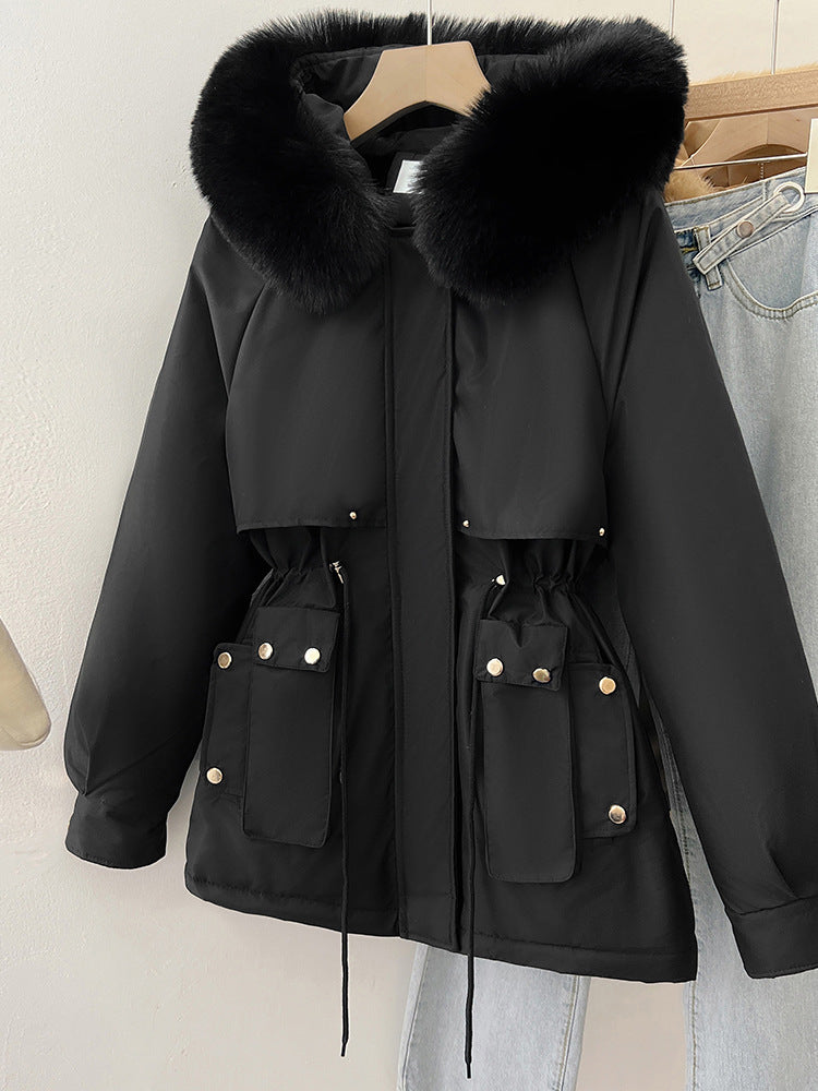Womens Solid-Colored Loose Cotton Padded Coat With A Large Furry Collar