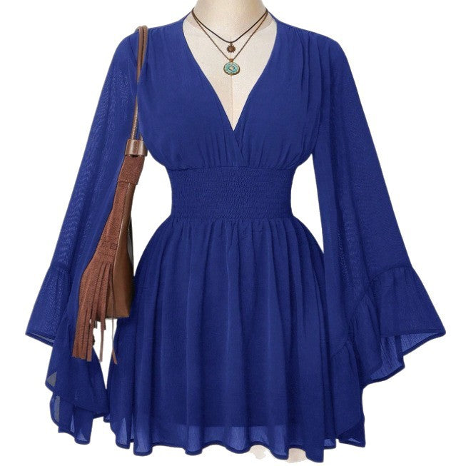 Womens Solid-Color Fashionable V-Neck Waist-Cinching Dress