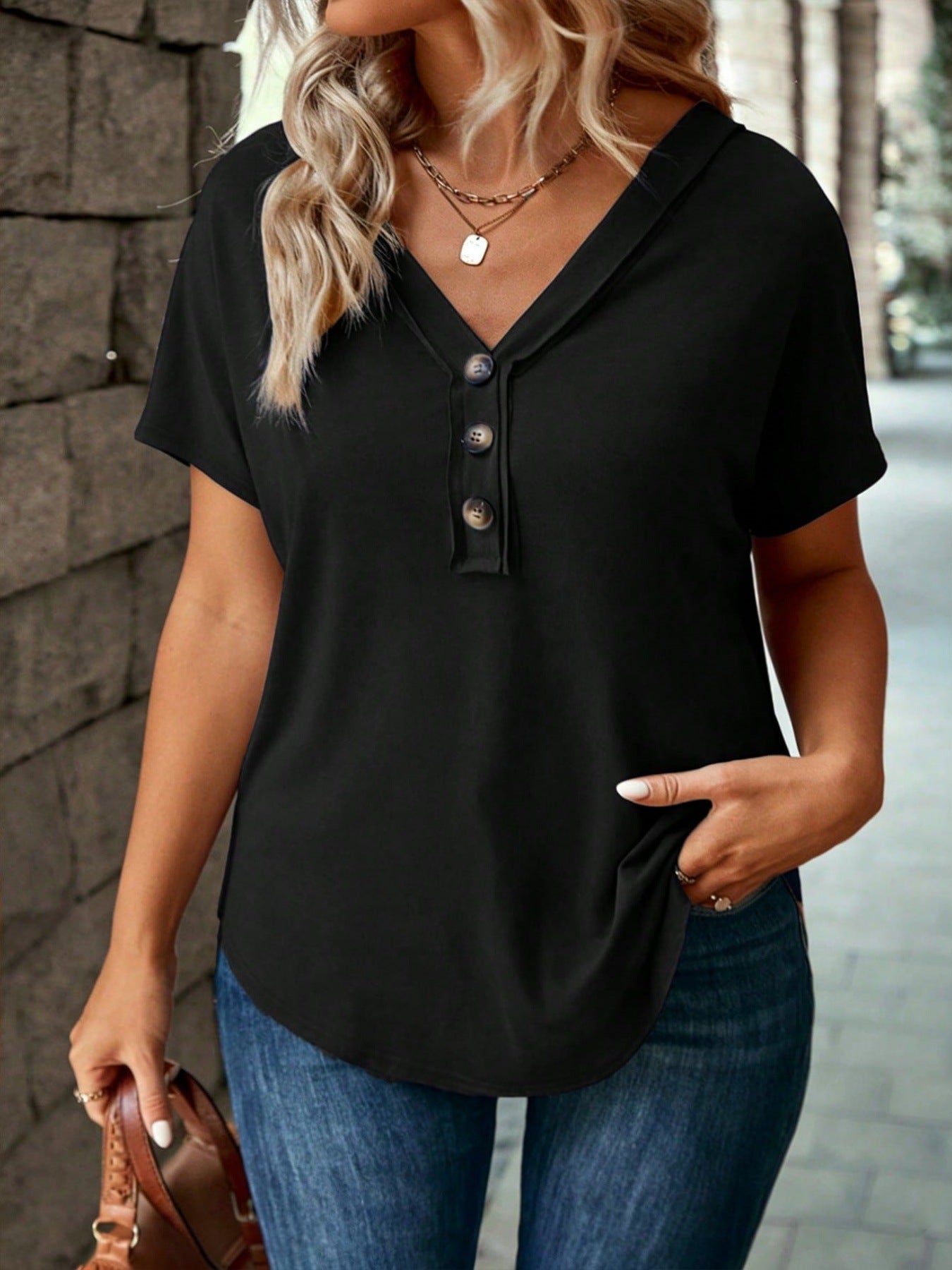 Womens Fashion V-neck Simple Three-button Solid-color Short Sleeve