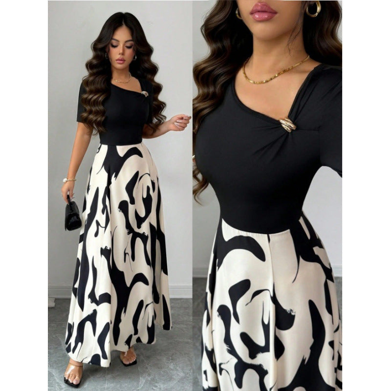 Womens Versatile Lace-up Waist-cinching Printed Dress