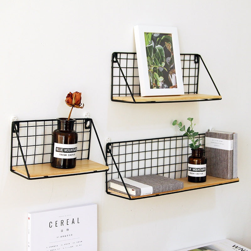 Minimalist Creative Iron Wire And Solid Wood Shelf