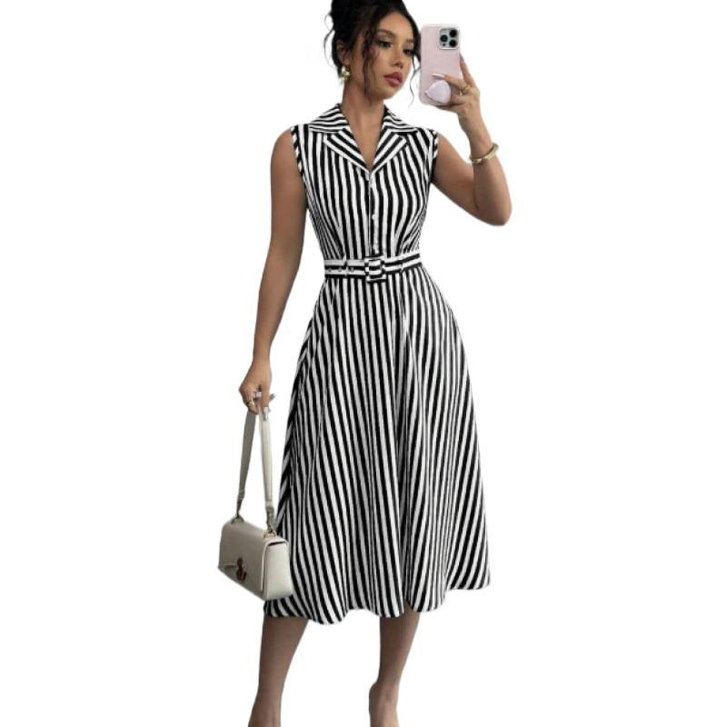 Womens Striped Waist-Cinching Elegant Dress