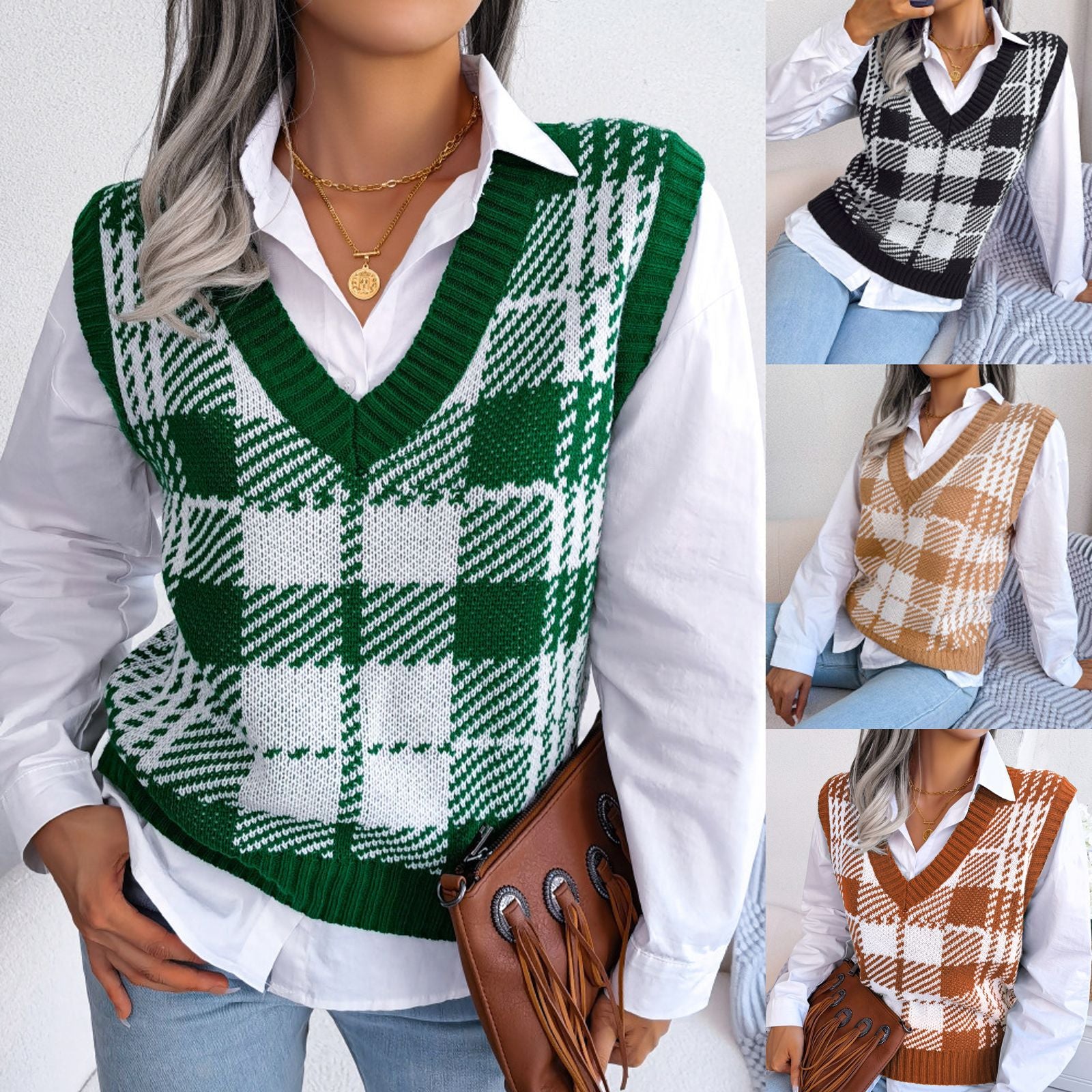 Color-block Plaid Knitted Vest Sweater Waistcoat for Women