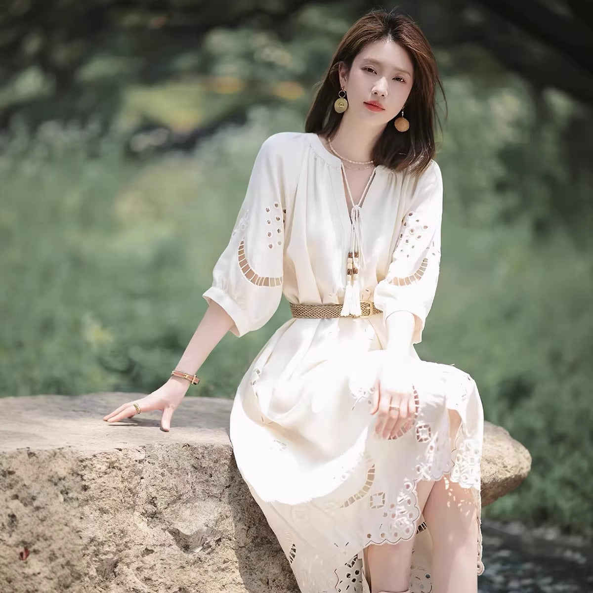 Skirt Ethnic Controversy Bohemian Long French-style Hollow-out V-neck Dress