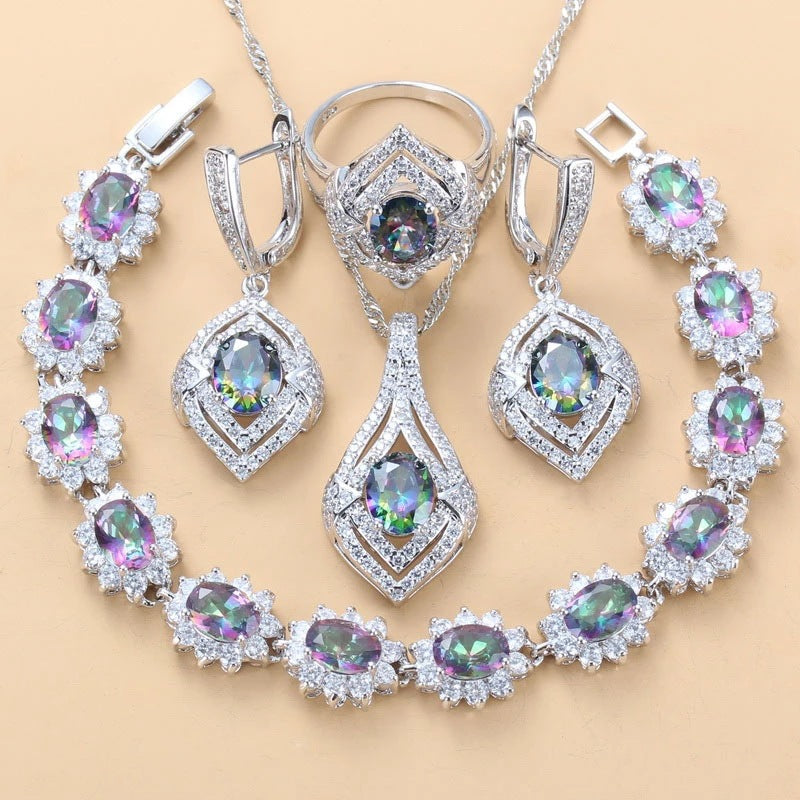 Inlaid Gemstone Pendant Earrings Necklace and Ring for Women