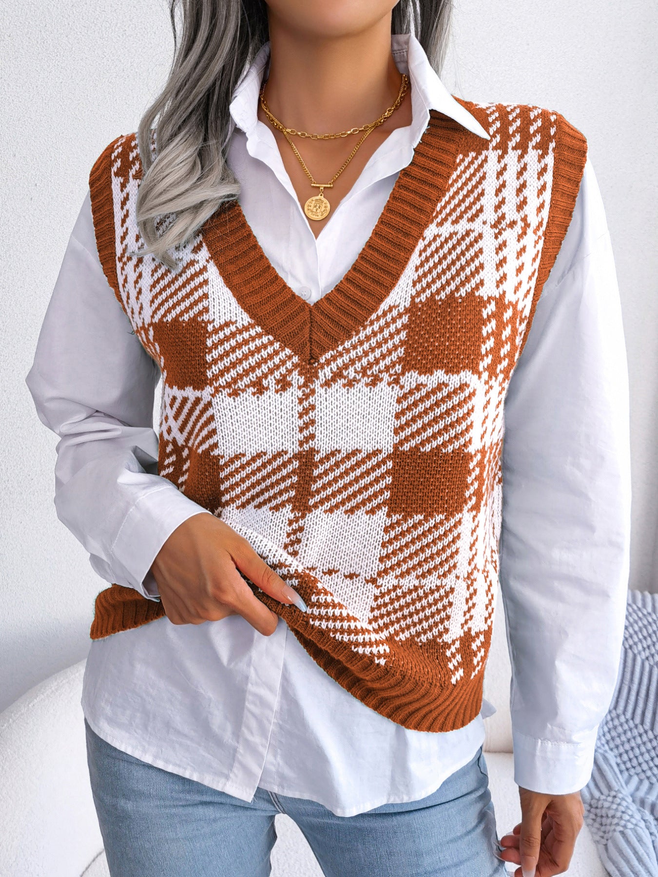 Color-block Plaid Knitted Vest Sweater Waistcoat for Women