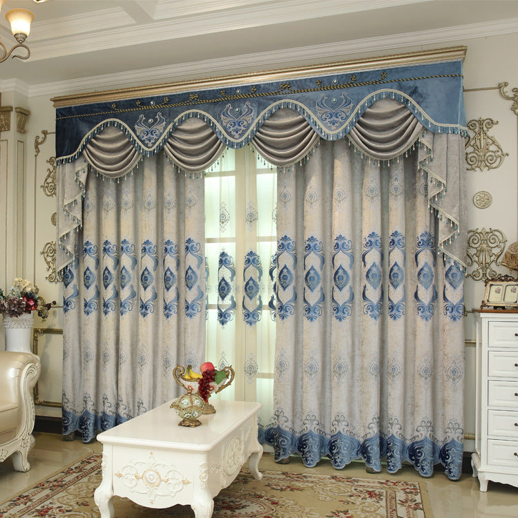Blue Chenille Embroidered Curtains for Living Room Bedroom