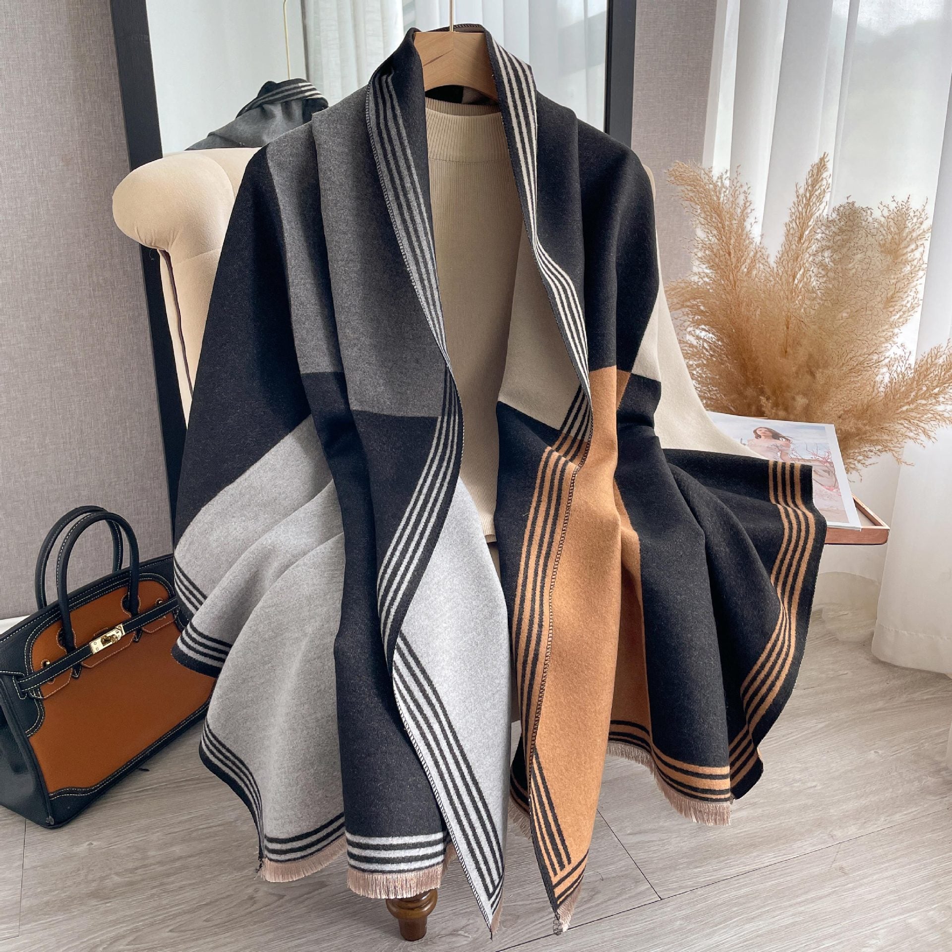 Korean-style Color-Block Fashion Faux Cashmere Scarf Womens Dual-Use Air-Conditioning Shawl