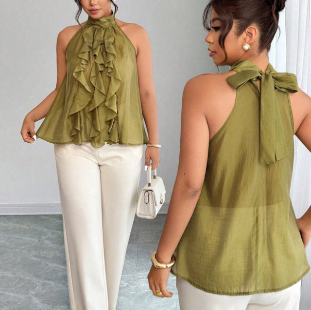 Plus-size Womens French-style Halter Top With Ruffled Hem