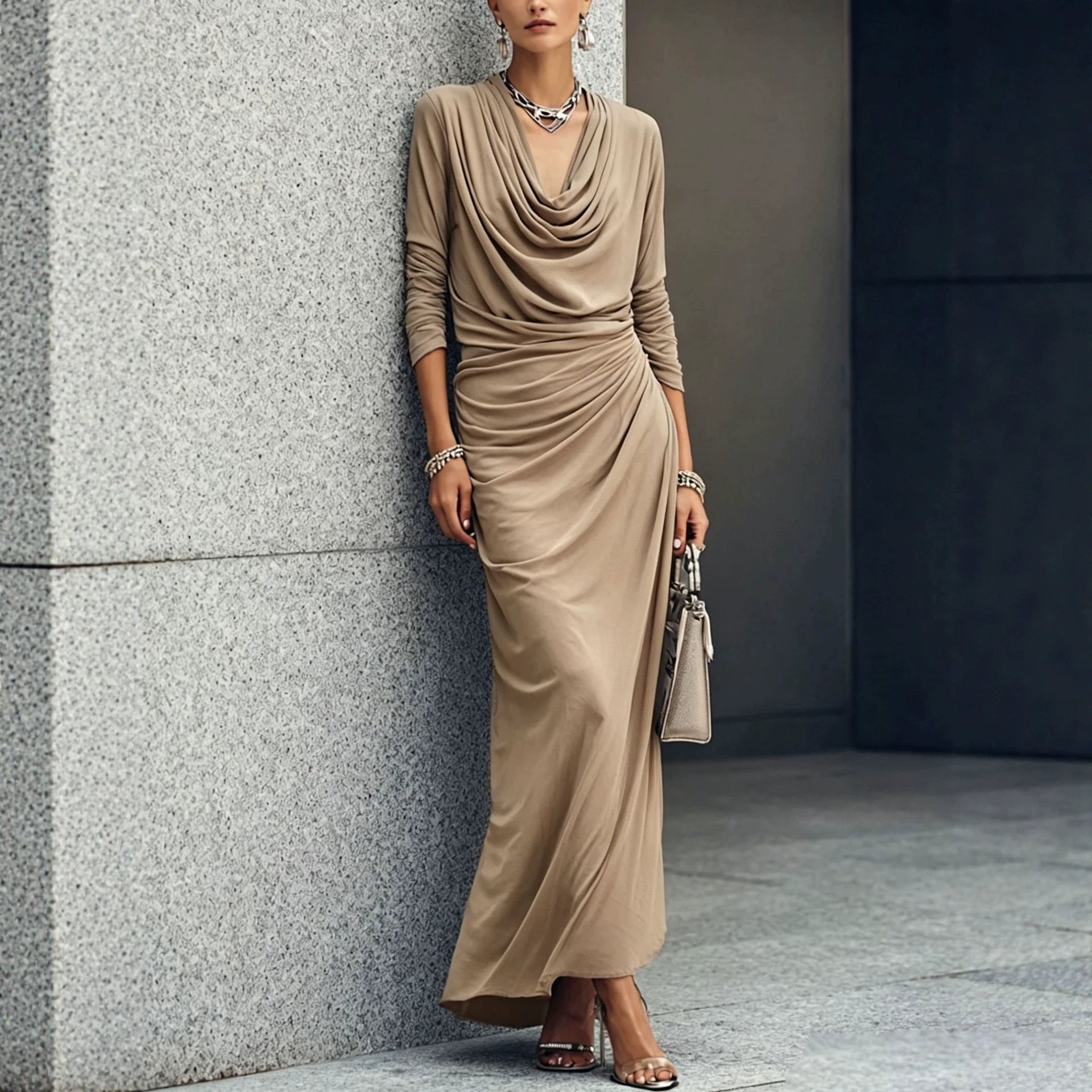 Women's Draped Boat-neck Long-sleeve Dress