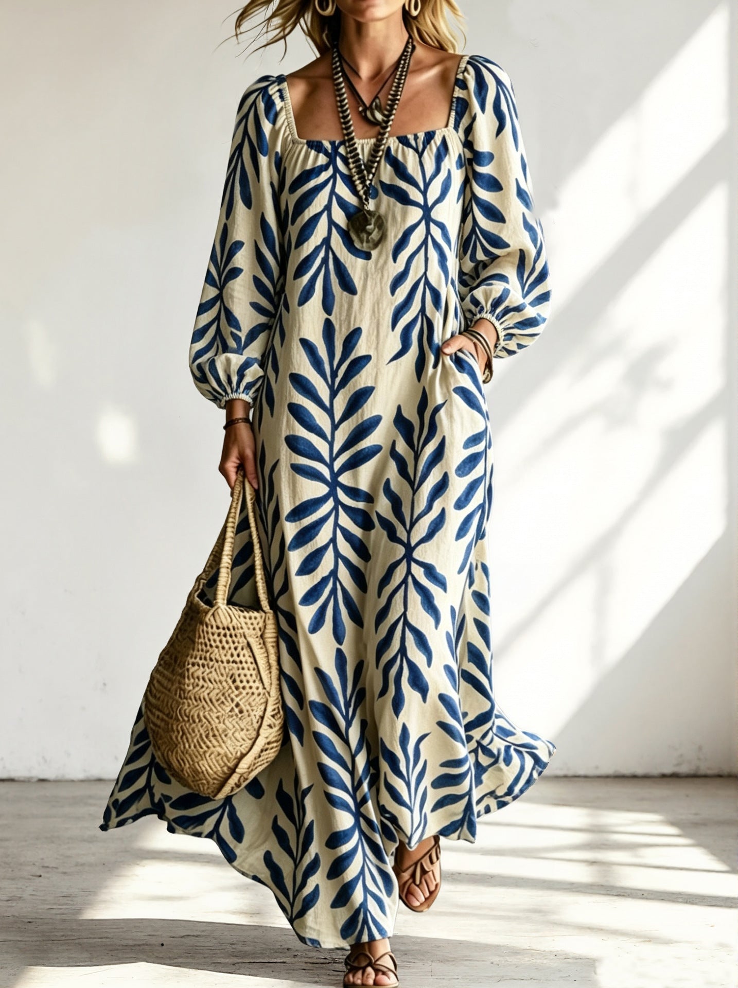Printed Long-Sleeve U-Neck Pocket Dress For Women