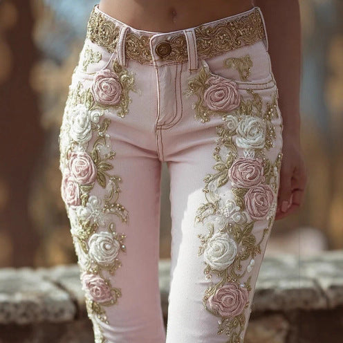 Retro Embroidery Art Print Casual Pants