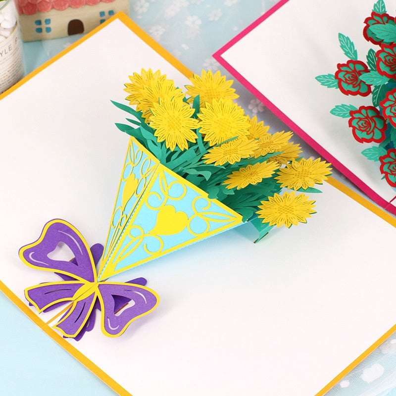 Rose Bouquet Paper Carving Birthday Blessing Small Card