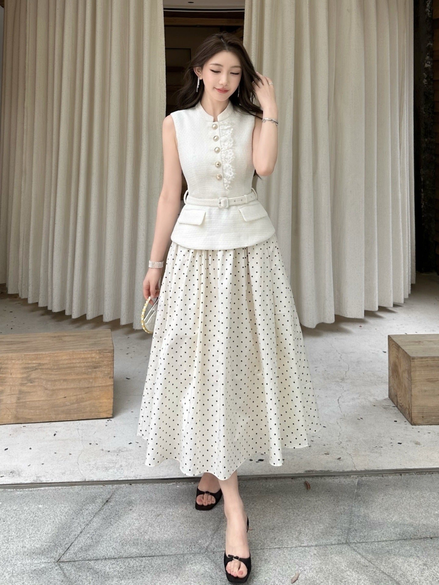 Sleeveless Faux Two-piece Spliced Polka-dot Dress