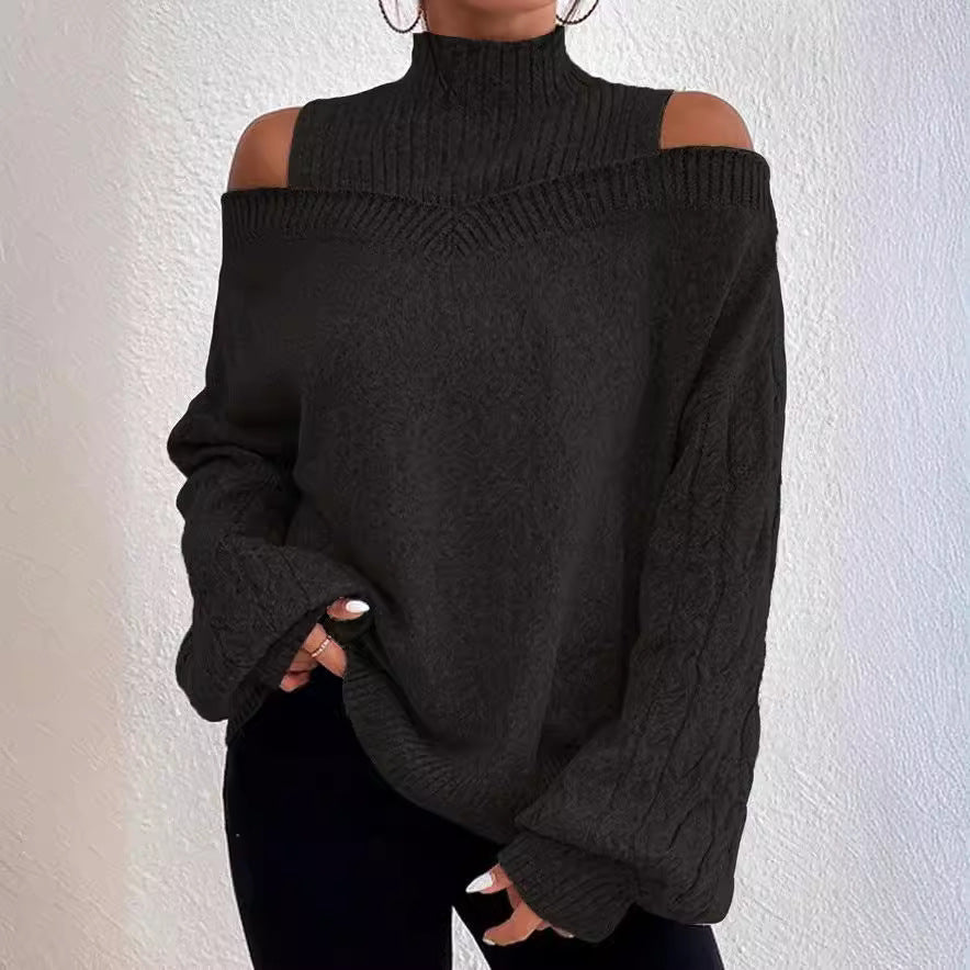 Off-shoulder Womens Pullover Mock Turtleneck Puff-sleeve Knit Sweater For Women